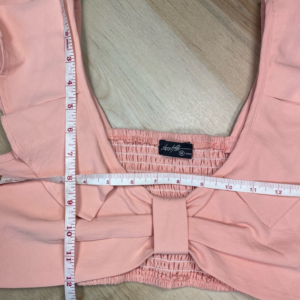 Peach Boho Crop Top Bow Front Ruffle Sleeve Smocked Back Festival M - Picture 5 of 8